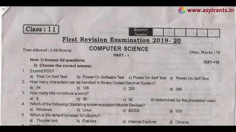 11th Computer Science First Revision Question Paper 2019-20 | Villupuram District | English Medium