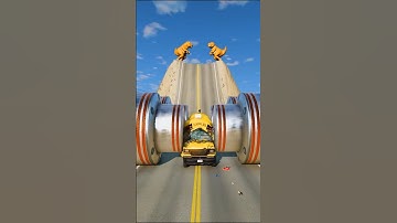 School Bus & Car vs Chained Hydraulic Crash #Shorts #BeamNGdrive #Bus