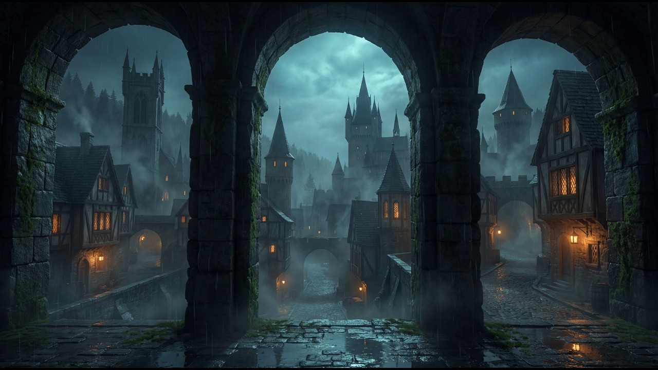Medieval Rainy City at Night 🌧️ | Dark Fantasy Ambience | 4K 2 Hours
