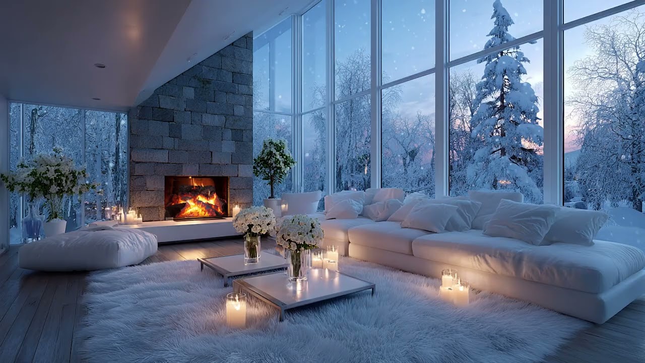 Calm Winter Piano Lounge | Soft Fireplace Sounds & Snowy Evening for Sleep and Focus