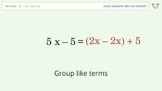 Linear equation with one unknown: Solve 7x-5=2x+5 step-by-step solution