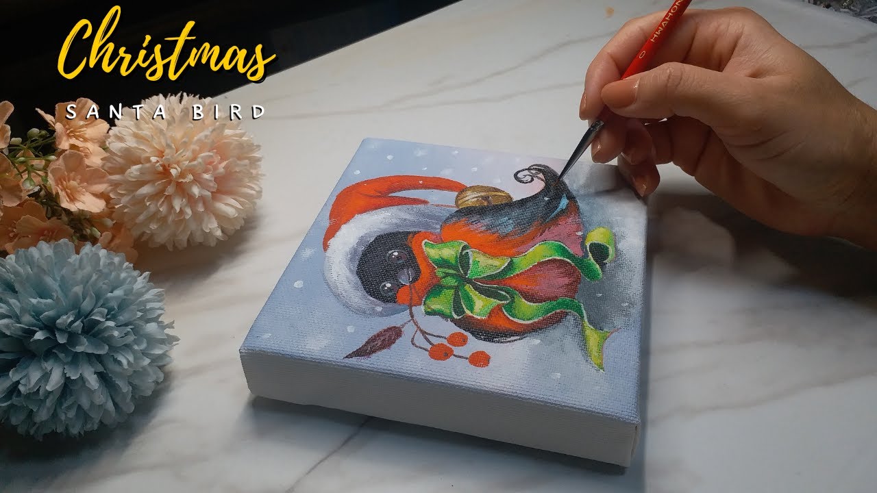 Christmas| Santa hat| Bird | Mini Canvas Painting #05 Art by Aparna Lugade Nawale | Paint With Me!