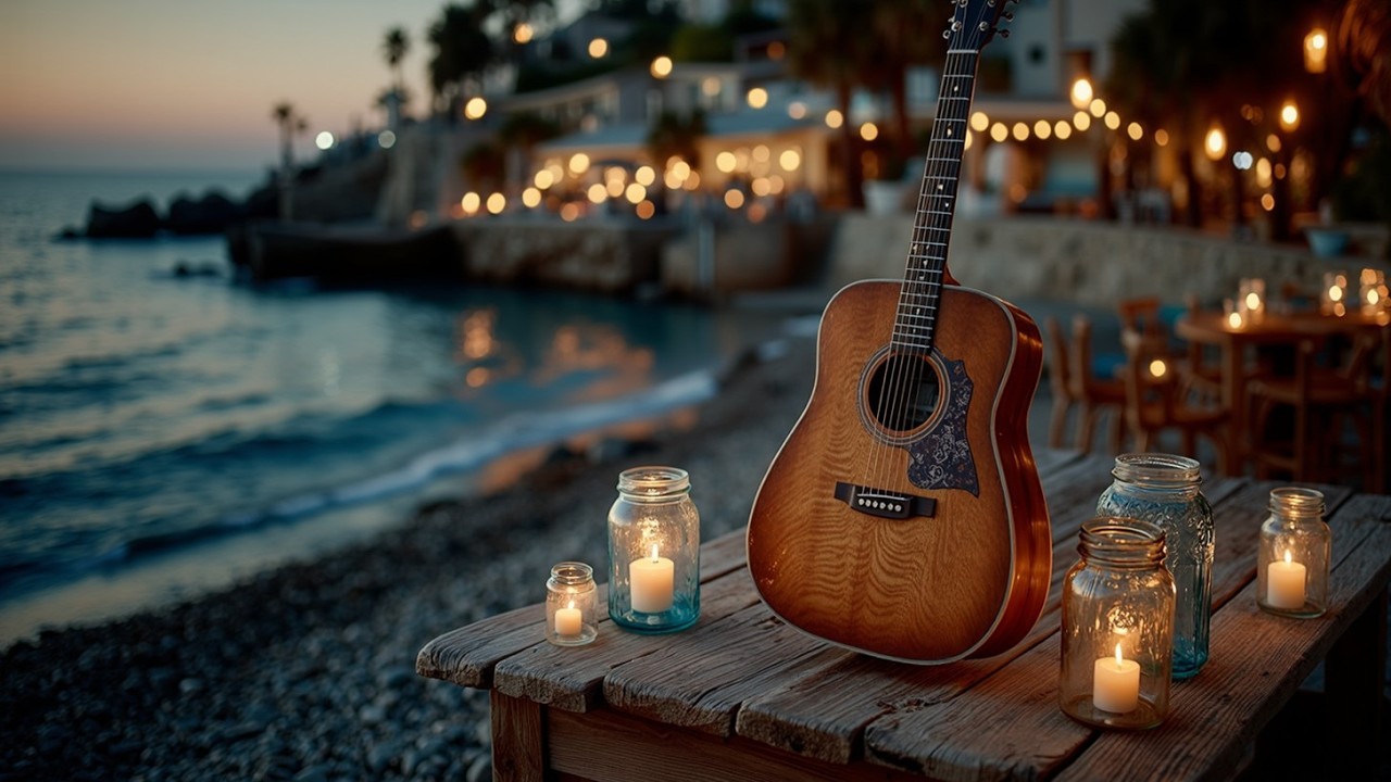 Музыка гитары на закате, спокойная пляжная атмосфера и акустика