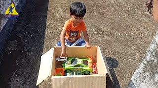 Collecting Toy Vehicles In The Box-Taxi, G, Tourist Bus, Car, Excavator, Army Jeep, Truck
