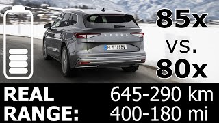 Skoda Enyaq 85x vs. 80x highway real range energy power consumption economy mpkWh kWh/100km city SUV