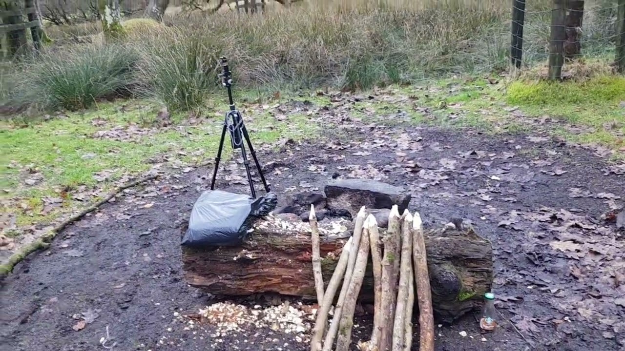 setting up a tarp with wooden stakes I have made Dartmoor 4th Dec 2024