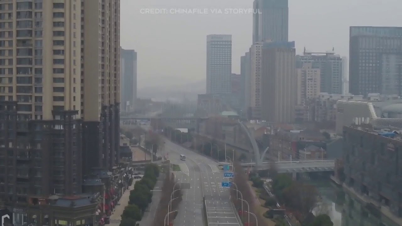 Drone footage captures the eerie, deserted streets of Wuhan, China