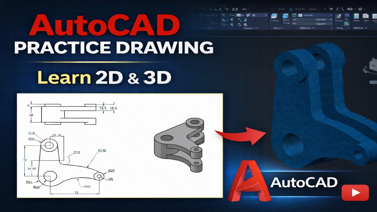 AutoCAD 2D to 3D Practice Drawing | Step by Step Tutorial for Beginners ...