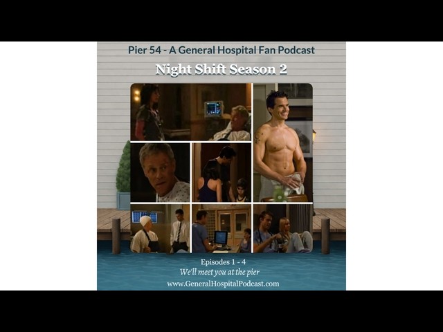 Photo collage from General Hospital's Night Shift season two. Top left: Robin Scorpio walks through the hospital as Robert Scorpio lies in a hospital bed in the background. Top right, larger photo: Jagger Cates smiles shirtless in a towel after coming out of the shower. Middle left: Robert Scorpio in a hospital gown looking startled. Middle: Robin meets Jagger's son Stone for the first time. Bottom left: Robert Scorpio, arm in a sling, questions Patrick Drake in a hospital room. Bottom middle: Kyle Julian talks to an older woman at the nurses' station about her sick kitty. Bottom right: Kyle and Claire sit and talk together at the hospital.