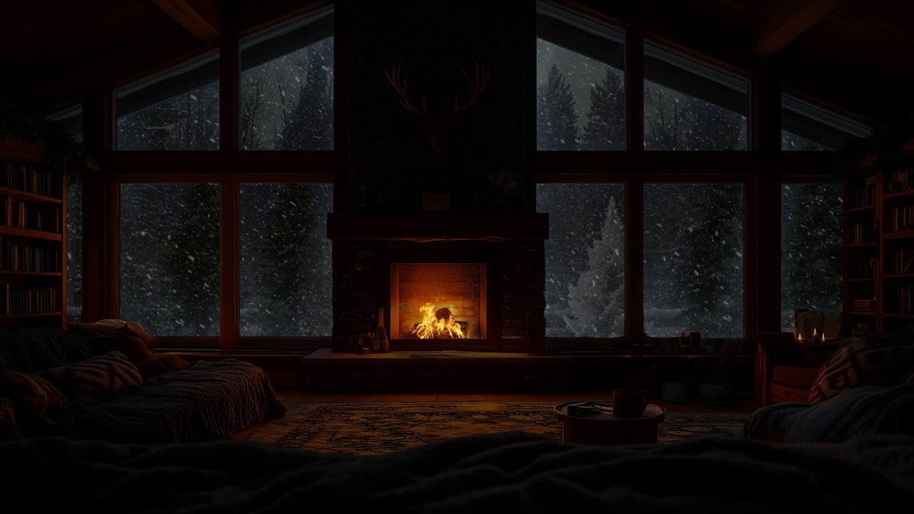 Tranquil Snowstorm in a Forest Cabin | Fire Sounds and Peaceful Winter Atmosphere for Relaxing Study