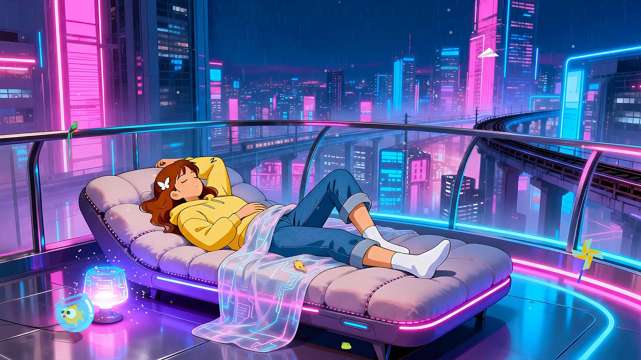Nio Lofi - Lofi Rain & Futuristic Neon City Balcony Vibes for Deep Sleep & Focus – Atmospheric | 4K