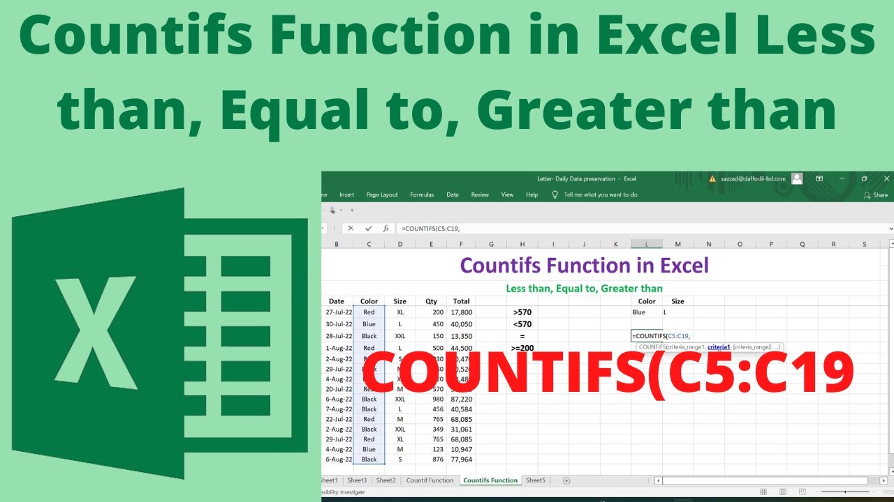 Countifs function in excel less than equal to greater than youtube