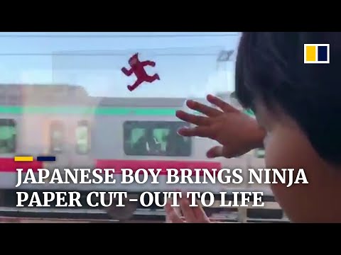 Japanese boy makes ninja paper cut-out ‘run’ on train window