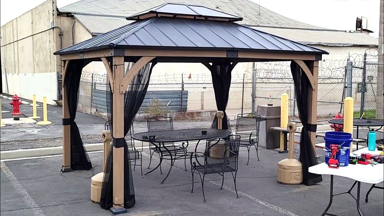 ZIENLIFE 10x12 ft Cedar Wood Gazebo with Sunlight Roof, Hardtop Gazebo with Galvanized Steel Double