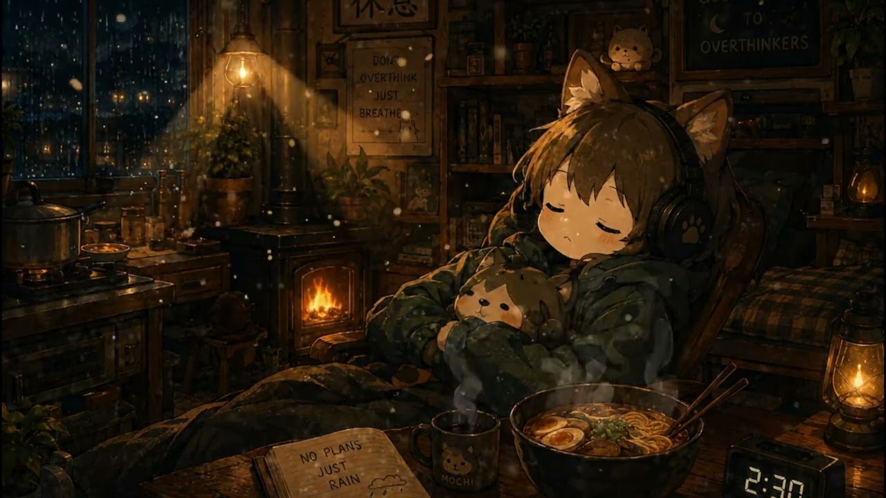 Mochi Lofi 🌧️ Cozy Rainy Night  Relax, Sleep & Study with Warm Lofi Beats