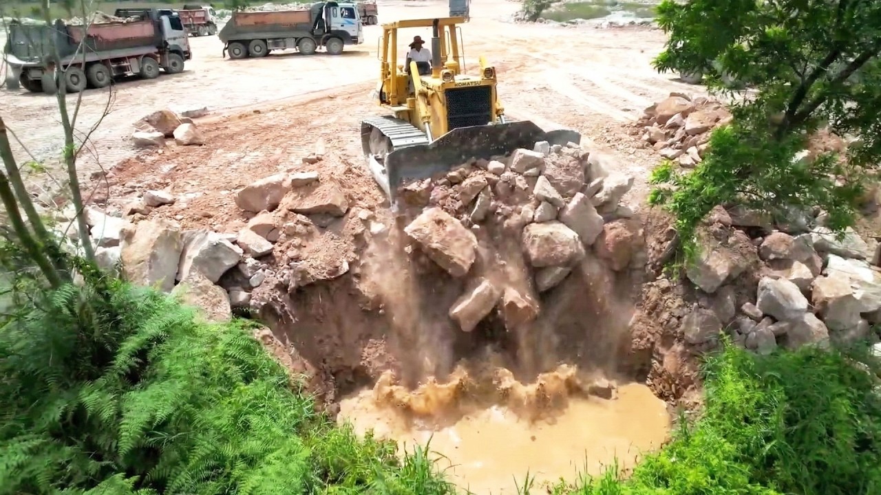 Good Job! Get Complete Some Part Use Large Stones Filling in Lowland Area With Strong Dozer Pushing