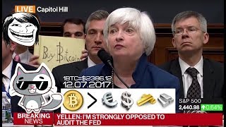 Прикол на фоне BitcoinМании в США\2017\Buy Bitcoin sign behind Yellen