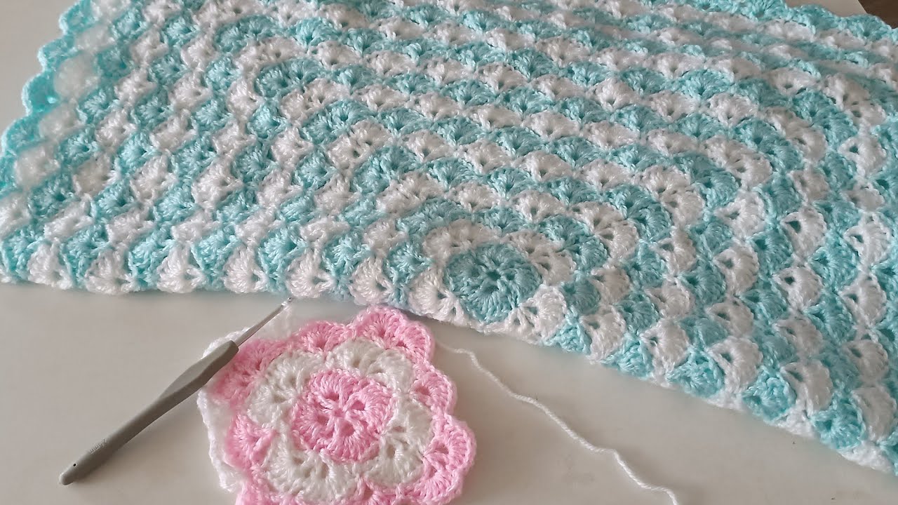 Babydecke mit Muschelmuster in Runden häkeln (rechtshändig)