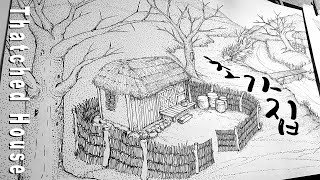 thatched house 초가집 점으로 그리는 그림 pointillism