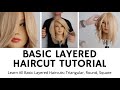 HOW TO CUT LAYERED HAIRCUT TUTORIAL: Learn All Basic Layered Haircuts: Triangular, Round, Square