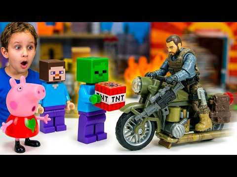 Paulinho and the Peppa Pig family play with the getaway motorcycle video for kids