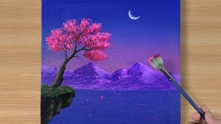 Cherry Blossom Acrylic painting | Moonlight Scenery painting for Beginners by Noman's Drawing 18,512 views 7 months ago 6 minutes, 28 seconds