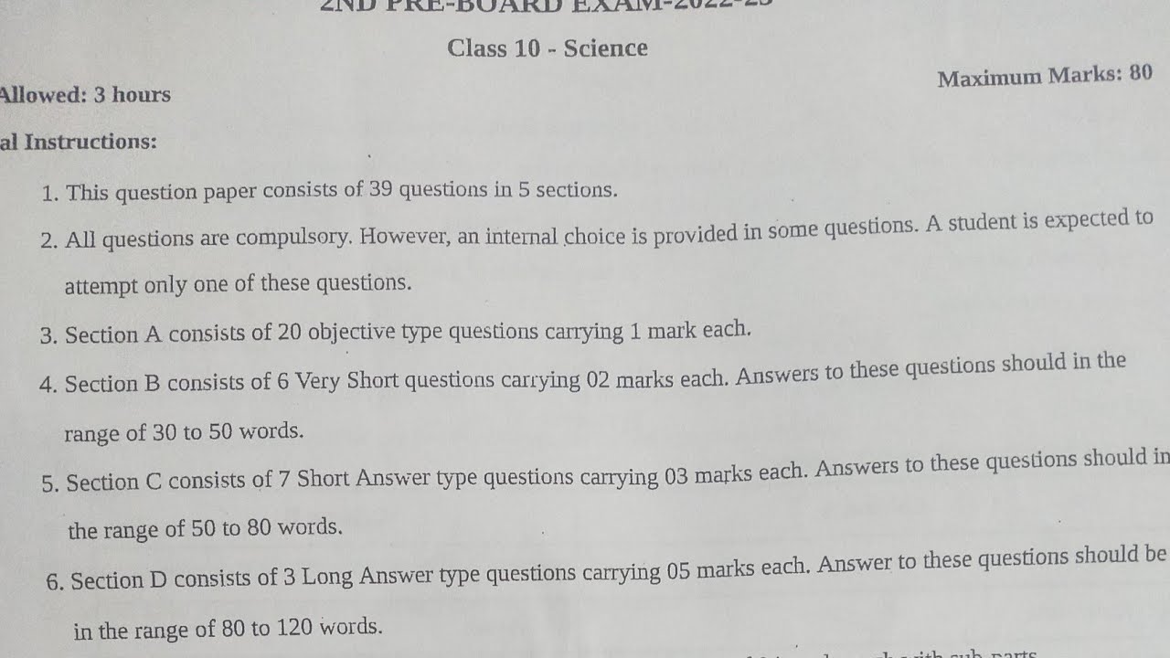 Class 10 2nd Pre Board Exam Science Paper C B S E Board YouTube
