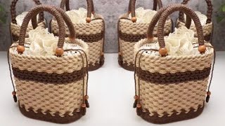 Beautiful Printed PVC Board Craft Making Hand Weaving Hemp Rope Luxury Handle Bag