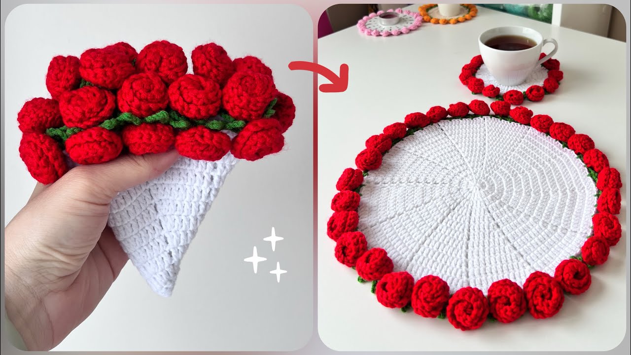 Вязание крючком для начинающих🌹: создайте потрясающие салфетки и подставки под стаканы в виде роз!