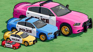 ALL COLORFUL DODGE POLICE CARS ! Giant Flatbed Transport vs Big Trucks screenshot 3