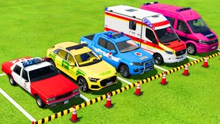 TRANSPORTING CHEVROLET, AUDI, VOLKSWAGEN POLICE CARS & MERCEDES AMBULANCE VEHICLE WITH TRUCKS ! FS22