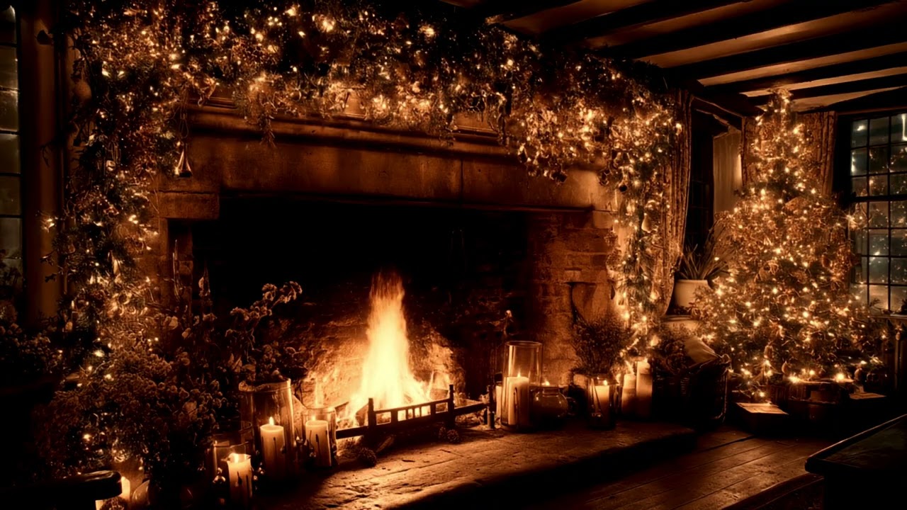 Rustic Christmas Cottage Fireplace | Vintage Gold Twinkling Lights & Crackling Fire Cosy Ambience