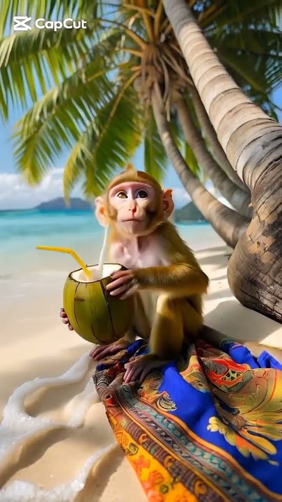 A Cute 3-Month-Old Baby Monkey Drinks Coconut Water from a Shell with a Straw in the Jungle 🌴 #BabyM