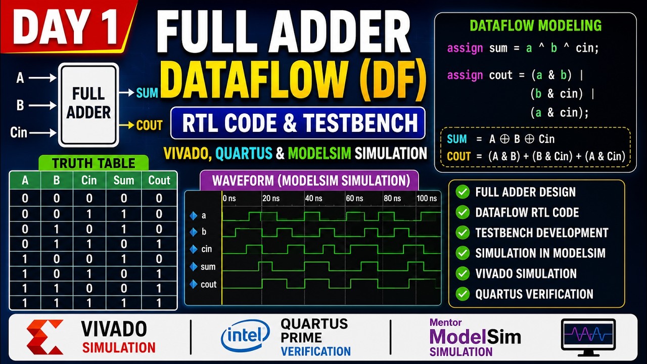 Day 1 | Full Adder Dataflow (DF) RTL Code & Testbench | Vivado, Quartus ...
