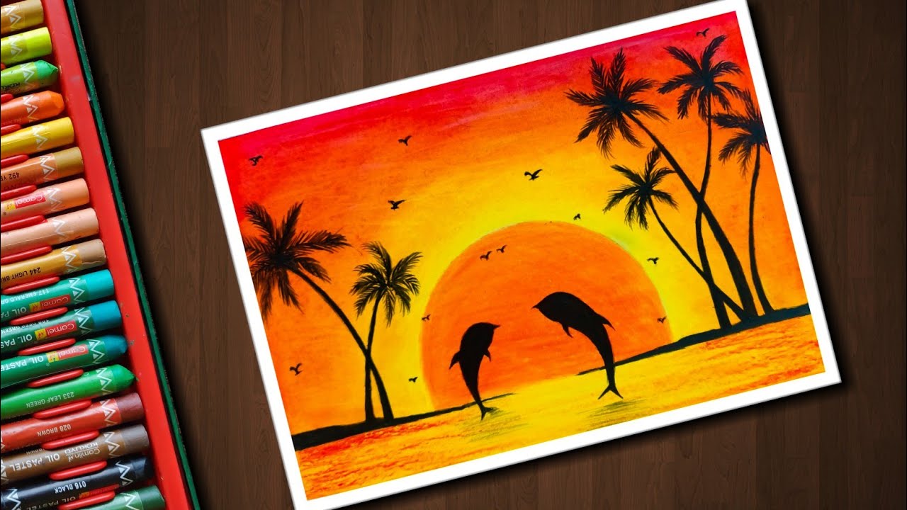 Dolphin Sunset scenery drawing with Oil Pastels for beginner