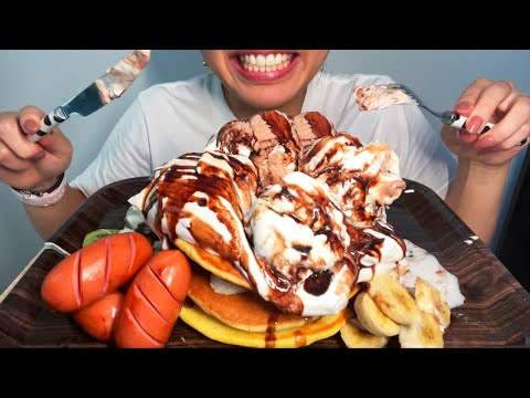 【ASMR/咀嚼音】パンケーキ 生クリーム アイスクリーム ホットケーキ pancake whipped cream icecream  / eatingsounds / mukbang