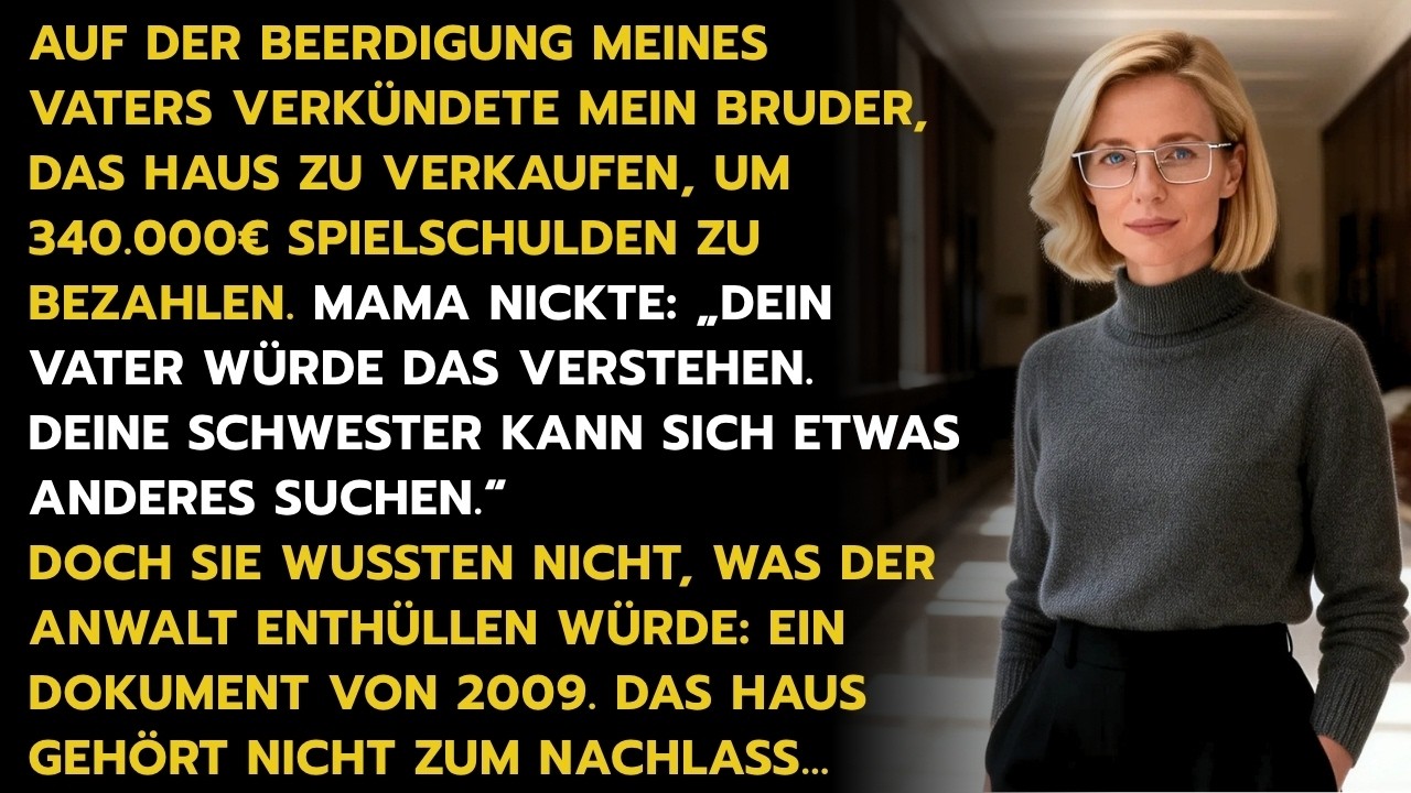 Bei der Beerdigung meines Vaters stand mein Bruder auf und sagte vor vierzig Leuten: „Ich verkaufe das Elternhaus, um meine Spielschulden zu bezahlen.“ Meine Mutter nickte. „Dein Vater würde das...