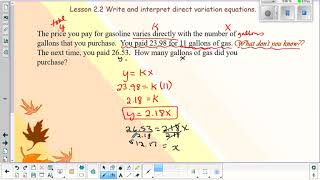 Mrs Eischens Algebra 2 Lesson 2,2 Direct Variation