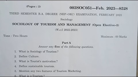 Socialogy Of Tourism & Management Open Elective 3rd Sem B.com NEP Question Paper Dharwad University