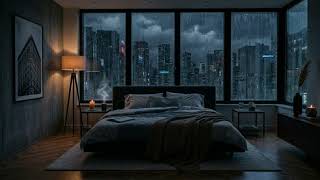 Rainy Night in a Dark Cozy Bedroom | City View | Deep Sleep Ambience | 8 Hours No Ads