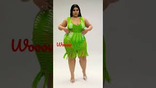 Glamorous 💋💖 models lifestyle curvy woman👩 in green waterfall style. plus size women beauty fashion.