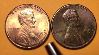 US Penny 1990 - 2 Versions of the United States One Cent Lincoln Memorial Coins