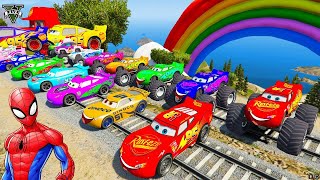 GTA V - FNAF and POPPY PLAYTIME CHAPTER 3 in epic new stunt race for MCQUEEN CARS by trevor