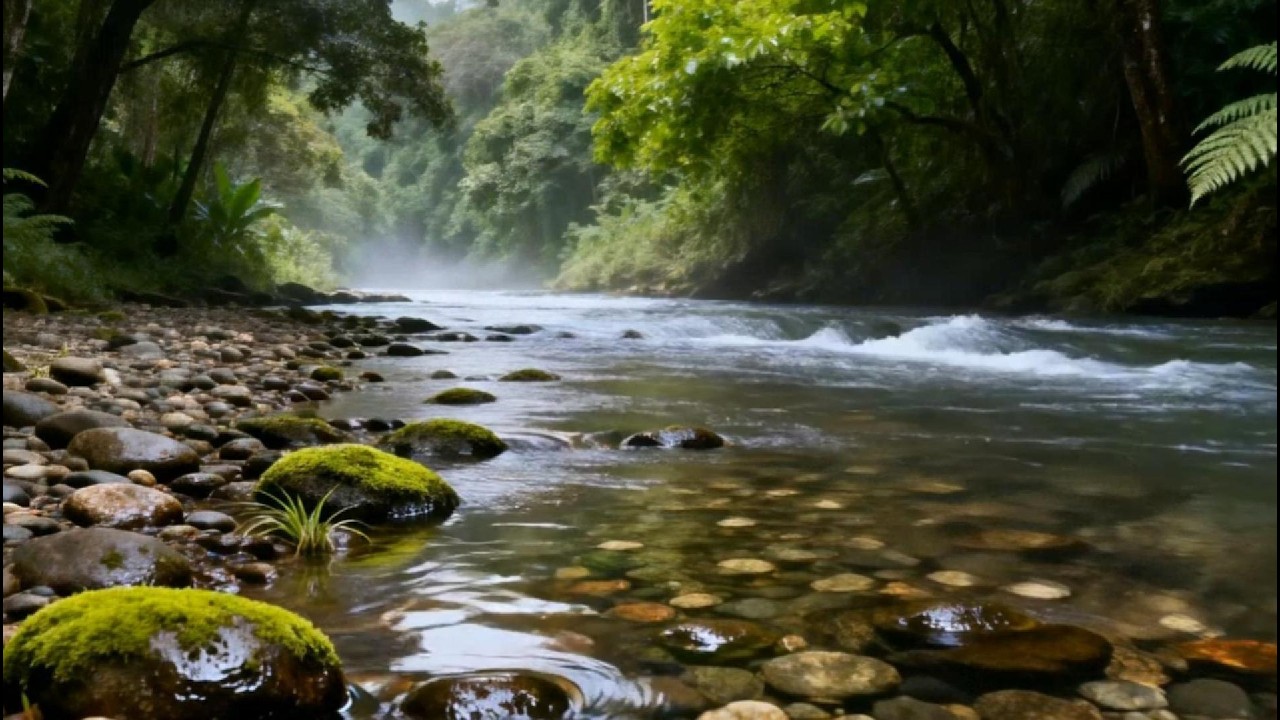Relaxing River Sounds in Lush Forest | Crystal Clear Stream & Mist