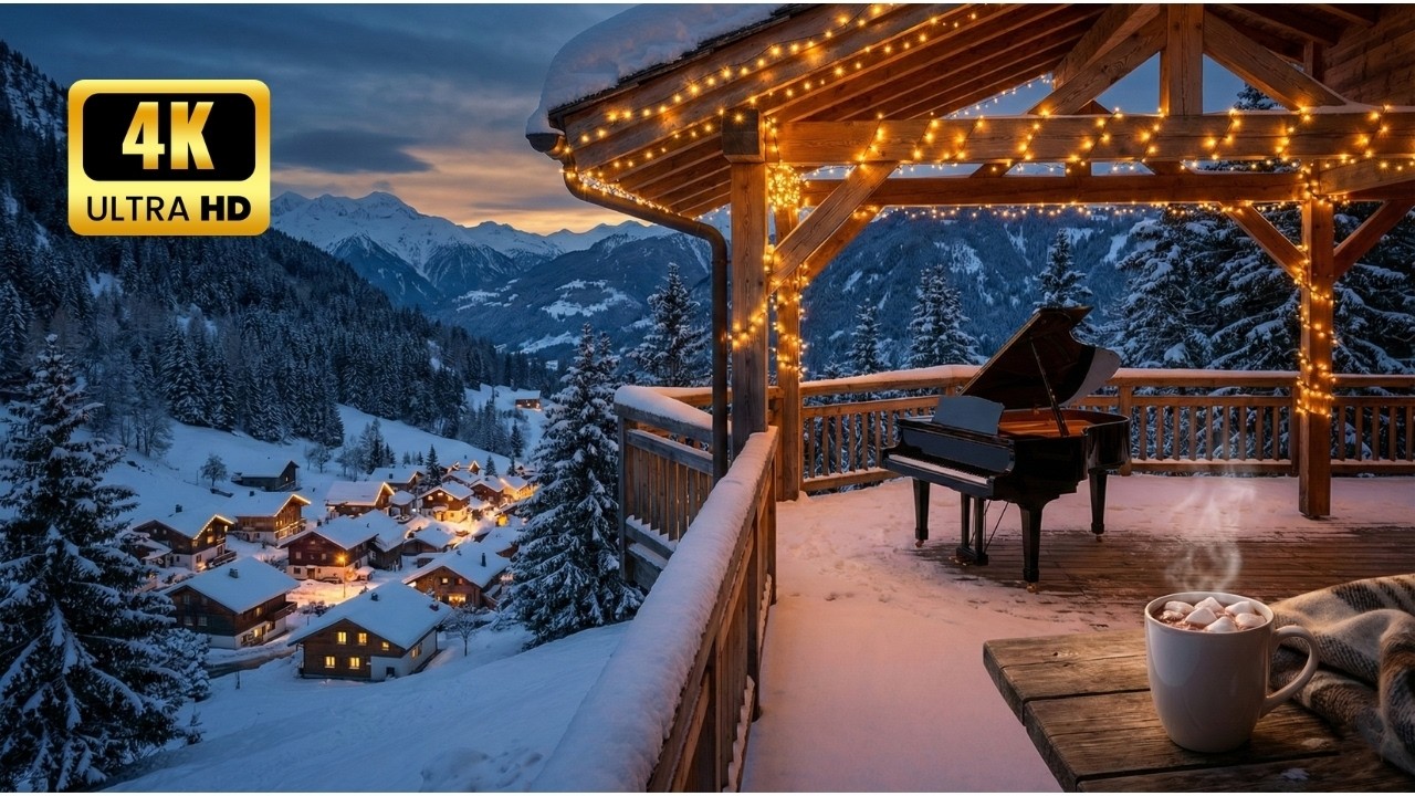 Снежная Горная Джаз-Терраса ❄️ Расслабляющая Зимняя Ночь & Пианино | 4K