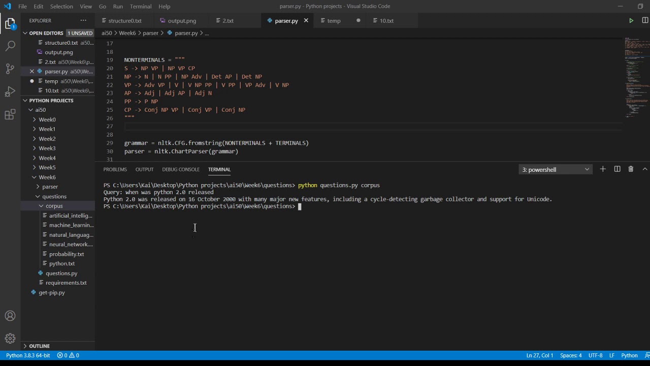 Kai's CS50 A.I. pset6 questions