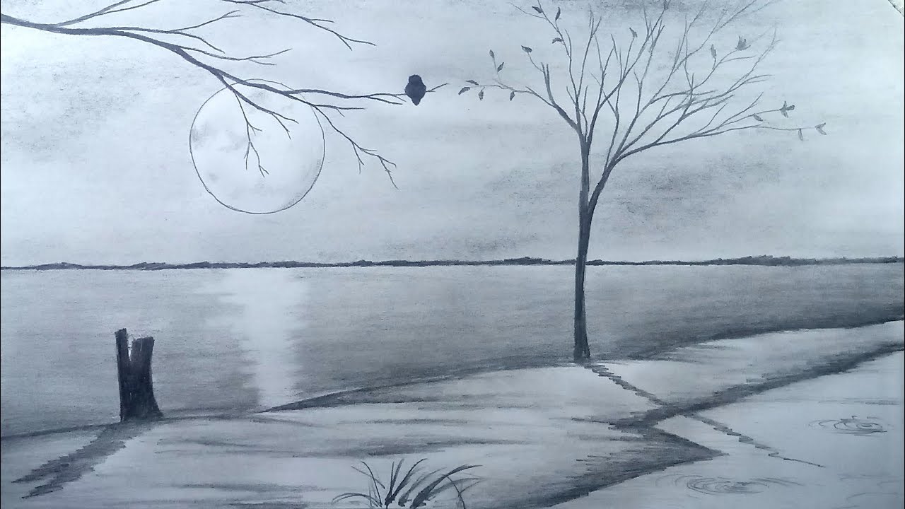 How To Draw A Moonlight Scenery With Pencil : Pencil sketches landscape