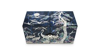 Jewelry Box Trinket Organizer Twin Cube Wood Mother of Pearl Inlay Lacquered Crane Pine Tree Blue