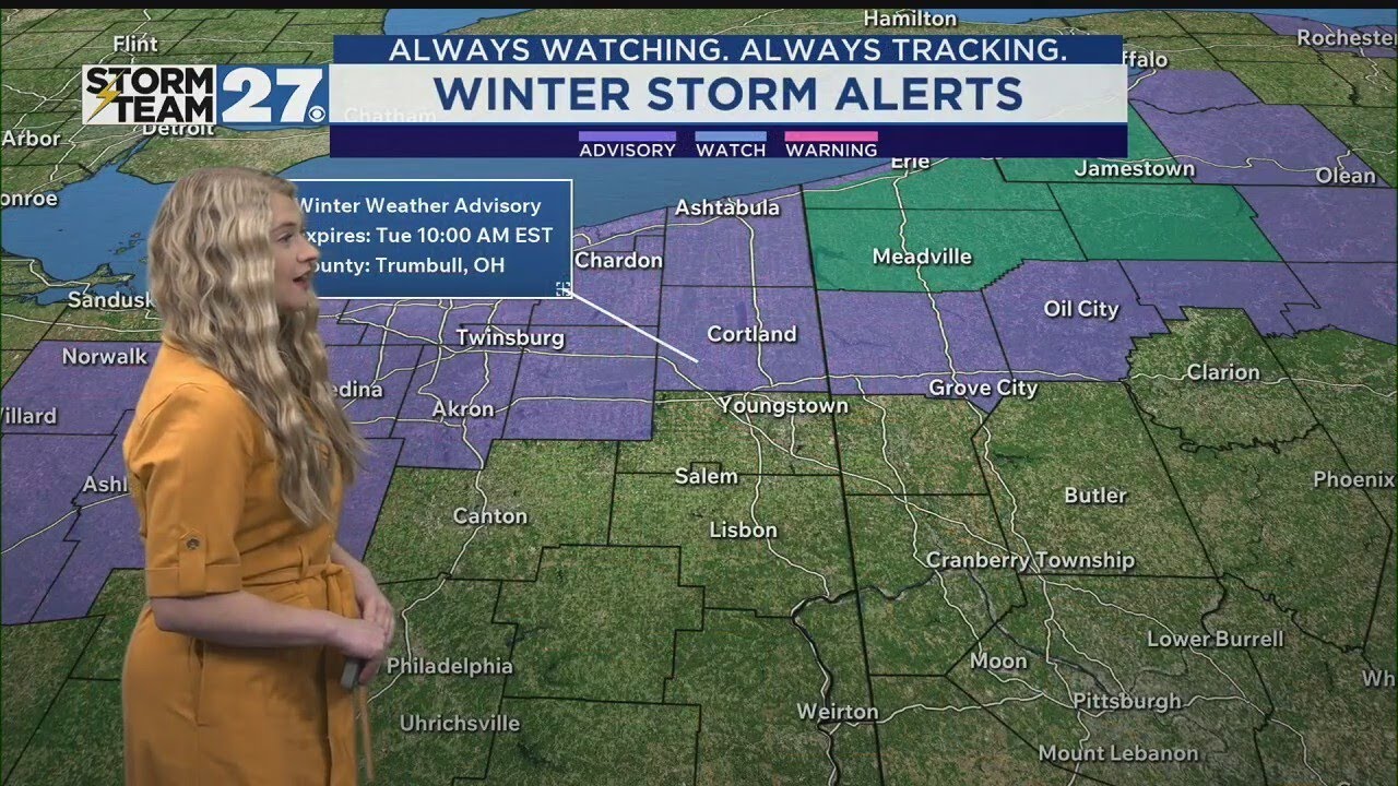 Scattered lake effect snow showers, blustery Monday - YouTube