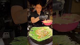 Korean Street Food – Giant Crispy Seafood Green Onion Pancake Cooked on Sizzling Iron Grill #foodie